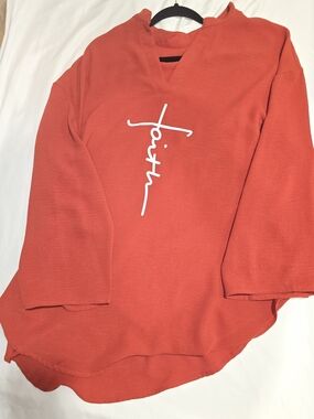 Women's Script-Front V-Neck Tunic in Rusty Orange Red.